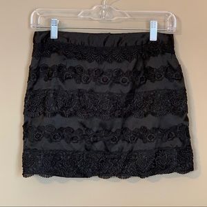 3/$15 SALE! Black Satiny Floral Lace Layered Mini Skirt